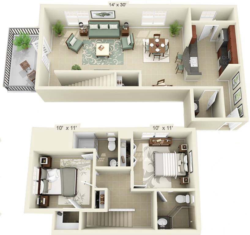 Floor plan for 2 beds, 2 baths, 1043 sqft